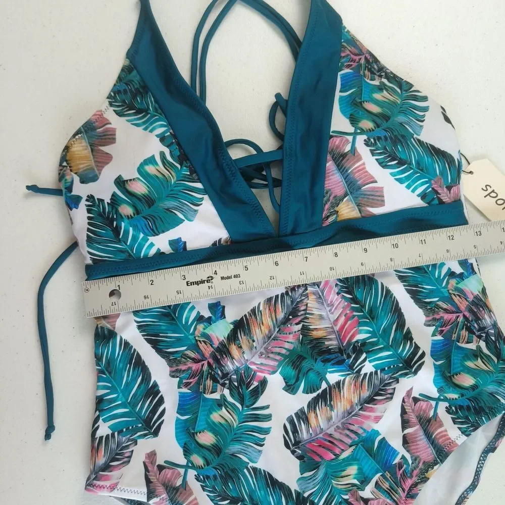 Sporlike‎ one piece swimsuit with V-neck cross back blue color palm designs sz M